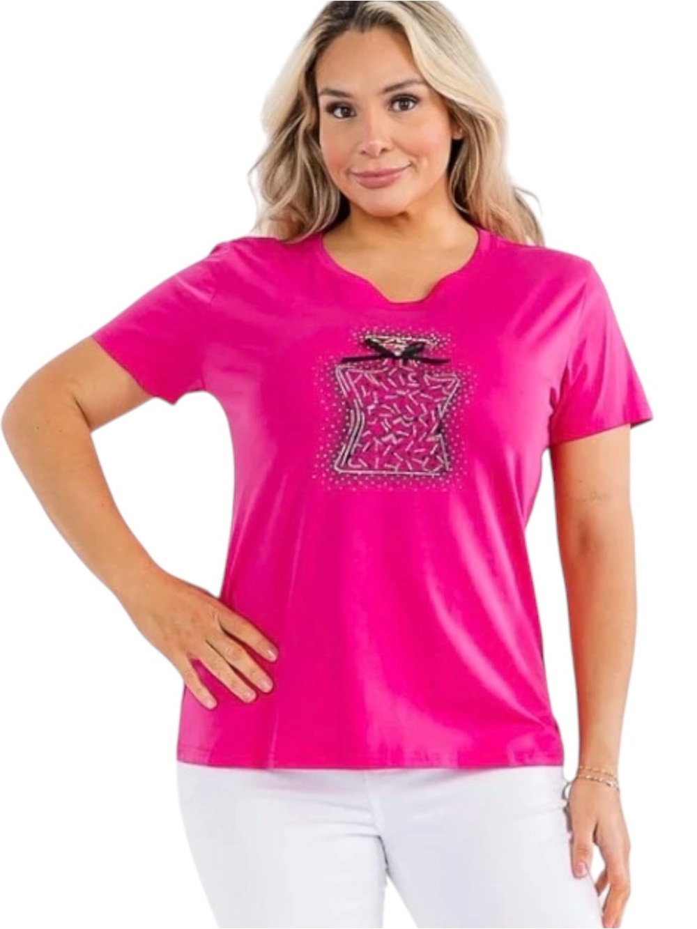 7113. Women's Hot Pink Short-Sleeve Embellished Tee